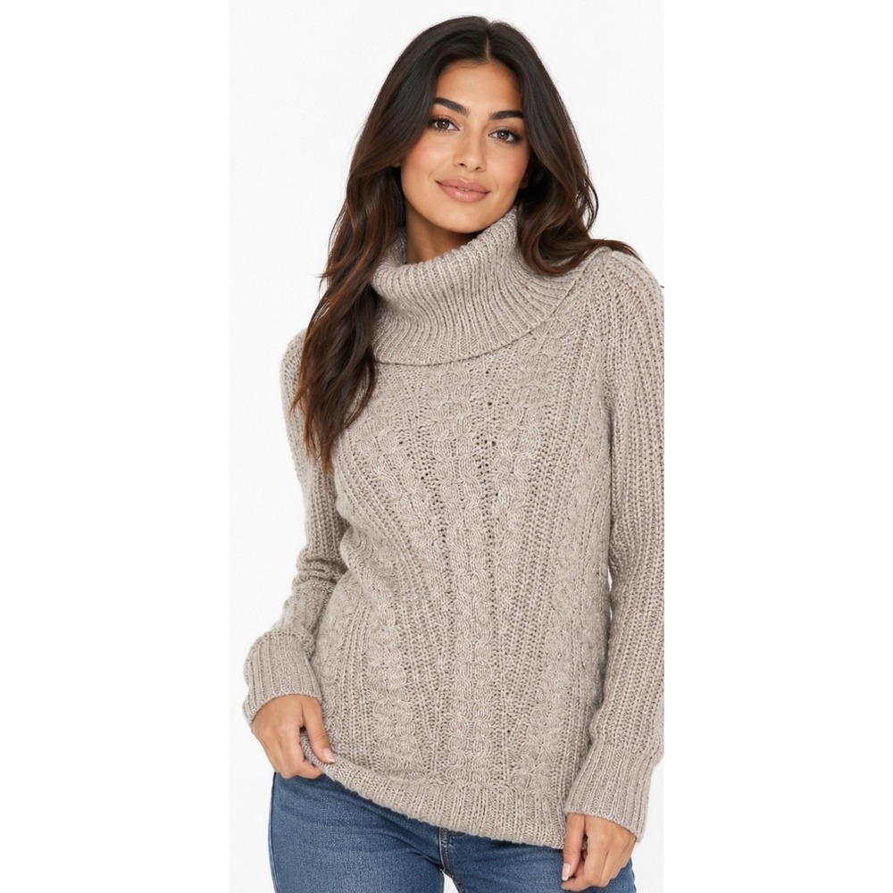 Banana Republic Cable Knit Turtleneck Cowl Sweater Womens XS Beige Chunky Knit